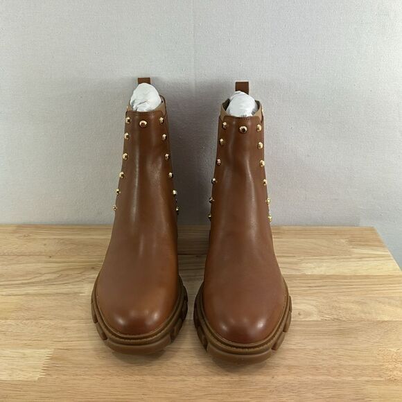 Michael Kors Ridley Studded Leather Gore Lug Sole Booties- Luggage- Size 7.5 M- - Picture 2 of 7